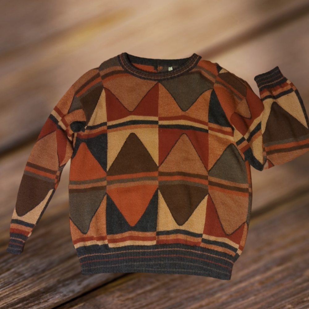 Geometric Pattern Crewneck Sweater - Brown Multi